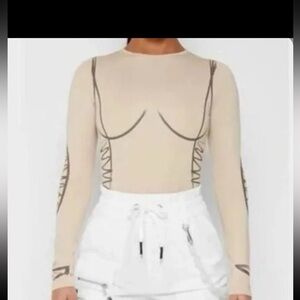 Maniere de voir bodysuit stretch  long sleeves beige brown lines sz 12  fit med
